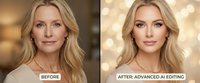 A middle-aged woman with blonde hair and fair complexion is shown in a before and after comparison demonstrating advanced AI editing effects on facial features and skin.