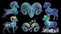Zodiac ram goat sheep horned animals with ornamental celestial patterns isolated on transparent background. Ready for t-shirt design, clipart, stickers, sublimation and print-on-demand products.