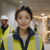 Young Asian female construction worker smiling confidently at camera wearing high visibility safety vest and hard hat in modern building site.