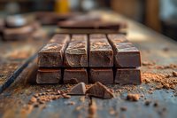 Dark chocolate bars stacked in rows on wooden surface with cocoa powder scattered around, creating rich texture and depth in macro photography.