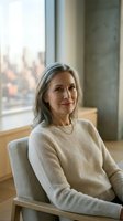 Confident mature Caucasian businesswoman in beige sweater sitting by office window, smiling warmly. Professional portrait for corporate communications.