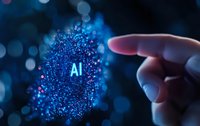 Glowing blue AI text surrounded by digital particles and human finger touching virtual interface, futuristic technology concept on dark background.