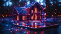 Glowing neon house with blue and purple lights reflecting on wet surface against dark background with bokeh lights creating magical nighttime atmosphere.