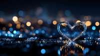 Glowing heart shape with sparkles floating over reflective surface against blurred city lights at night, creating romantic atmosphere for Valentine designs.