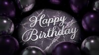 Happy Birthday text on dark marble background surrounded by purple and black balloons, elegant celebration greeting card design.