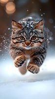 Playful striped cat jumping in snow with snowflakes falling around, amber eyes glowing. Close-up portrait shows detailed fur texture and winter atmosphere.