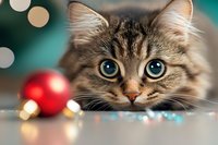 Curious tabby cat with bright blue eyes peeking over table edge at red Christmas ornament ball against blurred holiday bokeh background. Festive pet portrait.