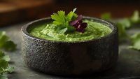 Fresh green guacamole dip garnished with cilantro and purple onion served in rustic stone bowl on dark background, traditional Mexican appetizer.