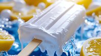 Creamy vanilla ice pop melting with drips against blue ice cubes and fresh citrus slices background, refreshing summer frozen dessert macro photography.