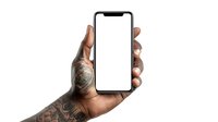 African American male hand with tattoos holding modern smartphone with blank white screen, isolated on white background for app or website mockup.