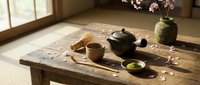 Traditional Japanese tea ceremony setup with ceramic teapot and cups on rustic wooden table in sunlit room with cherry blossoms creating peaceful zen atmosphere.
