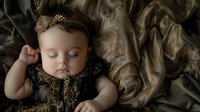 Sleeping baby girl in vintage lace dress lying on luxurious silk fabric, wearing delicate headband with pearls. Dreamy newborn portrait with soft natural lighting.