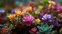 Colorful succulent plants with water droplets in garden, featuring orange, pink, purple, and yellow blooms with green foliage in soft focus background.