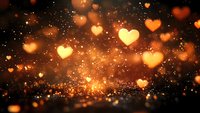 Glowing golden hearts floating in dark space with magical sparkles and bokeh lights creating romantic atmosphere for Valentine's Day or wedding designs.