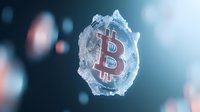 Glowing bitcoin symbol encased in crystalline ice structure with bokeh lights, representing frozen digital currency and blockchain technology concepts.