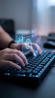 Businessman hands typing on laptop with holographic business analytics icons floating above keyboard showing data visualization and digital transformation.