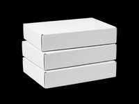 Three white cardboard boxes stacked, isolated on transparent background. Ready for mockup, packaging design, print on demand, stickers, and clipart use.