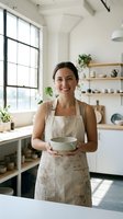 Woman potter holding ceramic bowl in bright studio kitchen with shelves and plants, showcasing handmade pottery and creative workspace for artisan craft business.