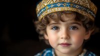Young child wearing ornate golden crown with blue gemstones against dark background. Portrait of cute toddler in royal costume for fairy tale themes.