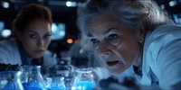 Senior female scientist with gray hair examining glowing laboratory samples while young female researcher observes experiment in dark science lab setting.