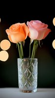 Peach and pink roses in crystal vase against dark background with soft bokeh lights, romantic floral arrangement for wedding, anniversary, or home decor.
