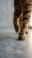 Close-up of tabby cat paws walking on concrete floor showing striped fur pattern and soft pads in warm natural light for pet care concepts.