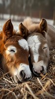Two young horses with white and brown markings rest their heads together on hay, showing tender moment between foals in winter setting. Perfect for animal care themes.