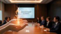 Business innovation concept with glowing lightbulb and digital particles above hands in corporate boardroom meeting for creative strategy and leadership.