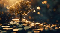 Golden tree of prosperity growing from coins with magical bokeh lights, symbolizing wealth, financial growth, and investment success.