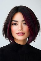 Young Asian woman with burgundy highlights in short bob hairstyle wearing black turtleneck sweater against light background, natural makeup and confident expression.