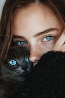 Close-up portrait of young woman with freckles and bright blue eyes holding black cat with matching blue eyes, creating striking visual symmetry and connection.