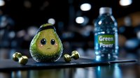 Cute green pear character with big eyes and water droplets on dark background with blurred bottle and olives, creative food photography concept.