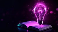 Glowing purple light bulb floating over open book with magical sparkles and bokeh effects on dark background, symbolizing creative inspiration and knowledge.