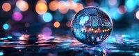 Crystal ball reflecting urban night lights and circuit patterns with colorful bokeh background creates magical atmosphere for creative photography and design projects.
