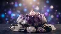 Amethyst crystal cluster with smaller gemstones on dark surface against colorful bokeh lights background for spiritual healing and meditation practices.
