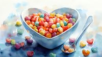 Colorful heart shaped candies in blue ceramic heart bowl with spoon on watercolor background, sweet romantic composition for Valentine's day celebration.