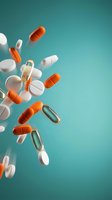 Colorful pills and capsules floating on turquoise background for healthcare, pharmacy and medical treatment concepts with copy space.