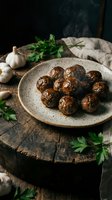 Homemade meatballs served on rustic ceramic plate with fresh parsley and garlic on wooden cutting board. Traditional comfort food for restaurant menus.