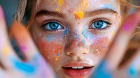 Young woman with bright blue eyes and freckles covered in colorful powder paint splashes and sparkles on face, close up portrait with artistic makeup for festival.