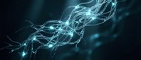 Glowing neural network with blue light pulses on dark background, representing artificial intelligence, data flow, and futuristic technology concepts.