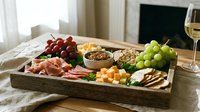 Gourmet charcuterie board with assorted meats, cheeses, grapes, nuts and crackers arranged on wooden tray with white wine glass for entertaining.