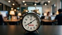 Vintage alarm clock with deadline text on face sits on office desk with blurred coworkers in modern workplace background. Business time management concept.
