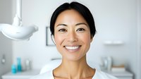 Asian female dentist with bright smile in modern dental office setting against white background, professional healthcare portrait for medical marketing.