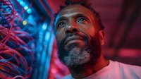 Middle-aged African American man with beard in neon lighting environment with red and blue colors creating atmospheric portrait for creative projects.