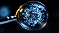 Glowing blue virus cell structure magnified through glass sphere on dark background, scientific microscopic view showing detailed molecular biology visualization.