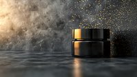 Luxury black cosmetic jar with gold sparkles and smoke on dark reflective surface, dramatic product photography for beauty and skincare advertising.