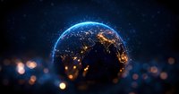 Night view of glowing Earth with city lights and blue atmosphere glow against dark space background with bokeh lights, showing connected global network.