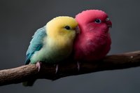 Two colorful budgerigars perched together on wooden branch against dark background, one yellow-blue and one pink, showing affection and companionship in soft lighting.