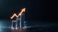 Glowing neon bar chart with upward arrow showing business growth trend on dark background with sparkle effects and digital particles.