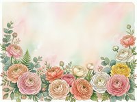 Watercolor floral frame with ranunculus flowers and eucalyptus leaves on soft pastel background for wedding invitations and romantic design projects.